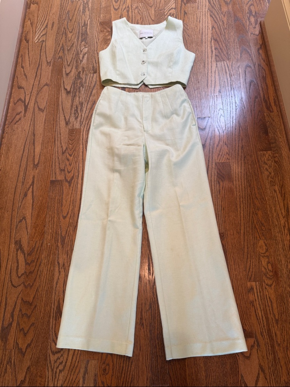 English Factory Light Mint Crop Vest and Wide-Leg Pants Set